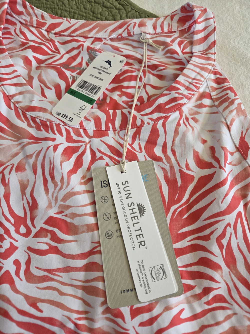 Tommy Bahama Sun Shelter Coral & White Printed Tee, Workout, Swim, Sun...NWT